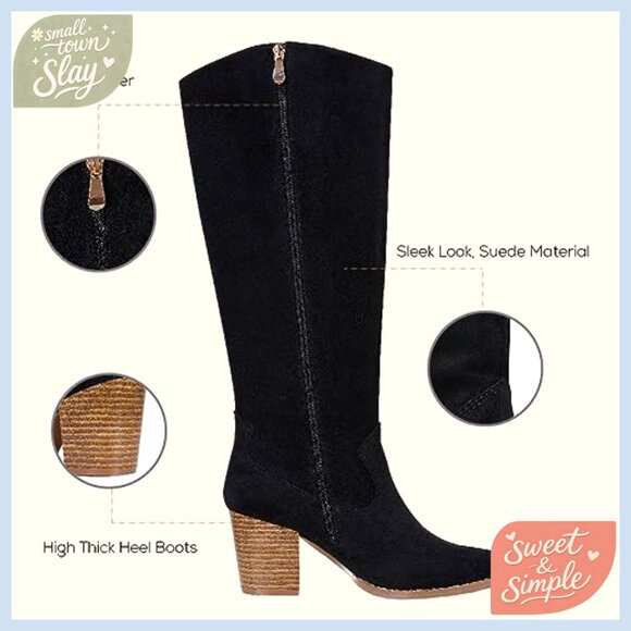Knee High Boots Pointed Toe Suede Chunky Heel Slouchy Side Zipper Fashion - Picture 5 of 7